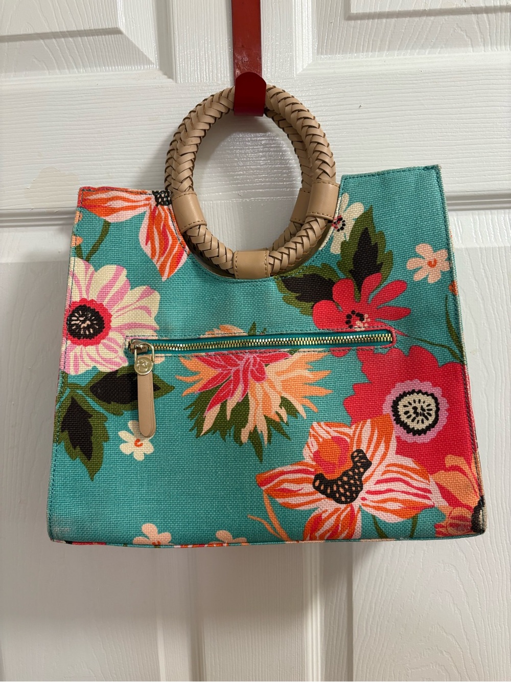 Spartina 449 teal floral fabric handbag with a braided wooden ring handle